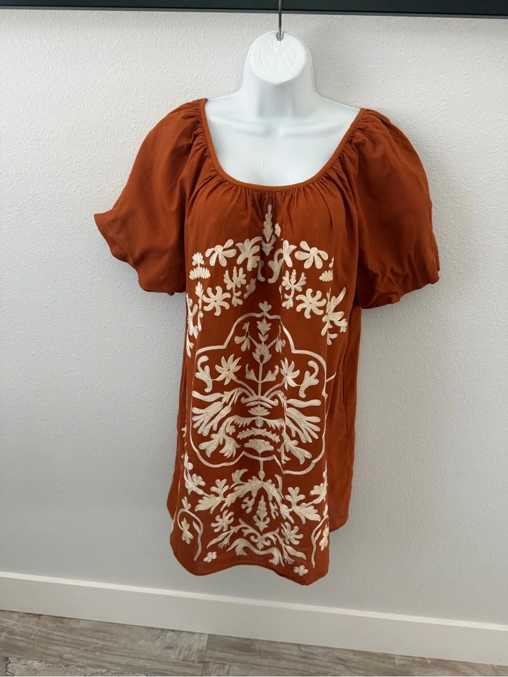 Free People Rust Mini Dress with Cream Embroidery